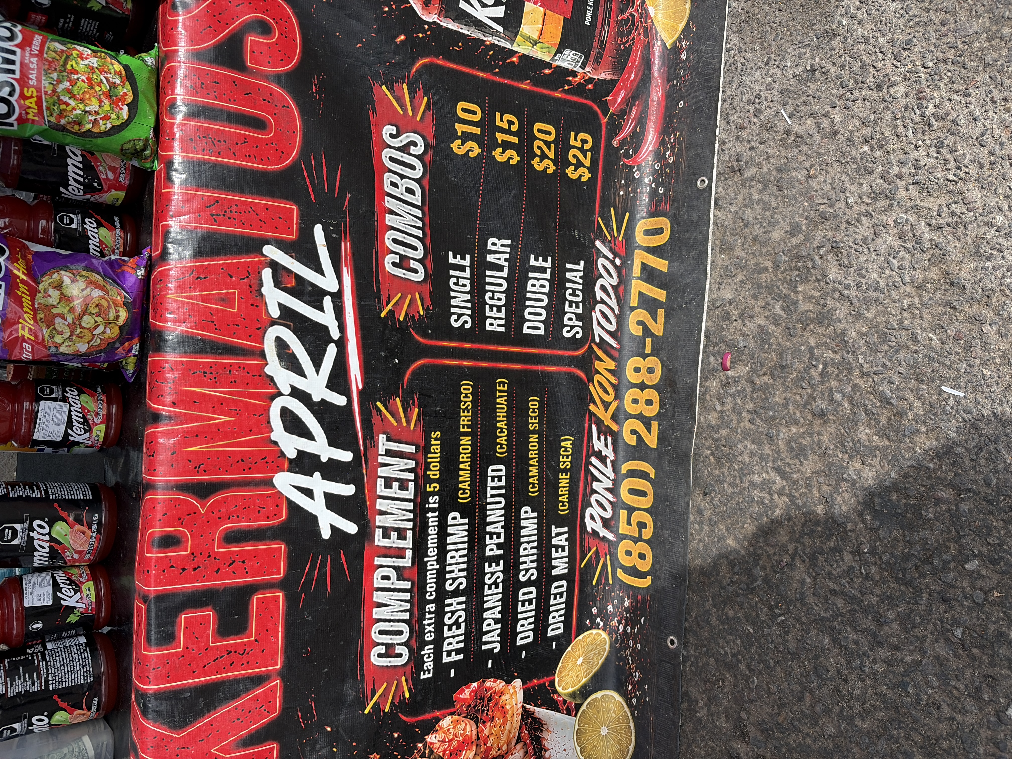 The Kermatos April banner: complements list with Spanish names, combos priced ten to twenty-five dollars, and the phone number 850 288 2770.